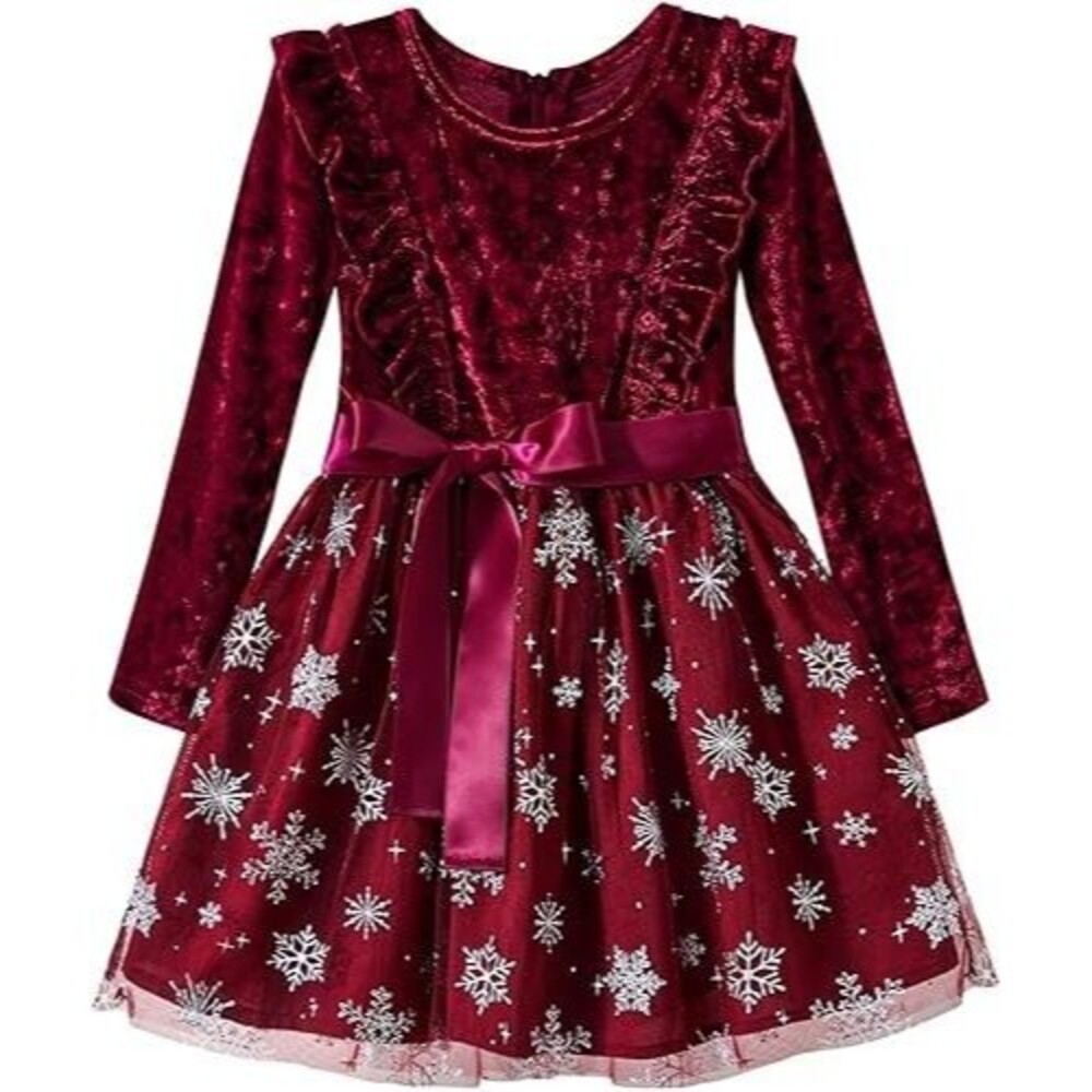 IIMMER Girls Tutu Dress 4T Wine Red Christmas Velvet Long Sleeve Sequin Tulle